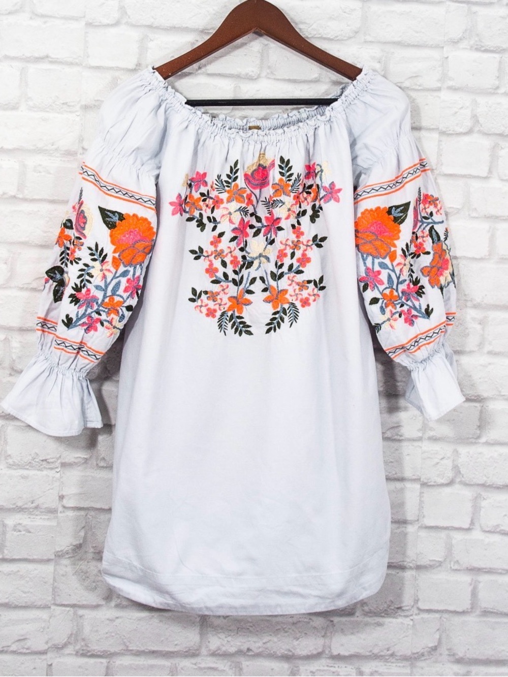 Free People Fleur Du Jour Embroidered Peasant Mini Dress Boho Floral Tunic L - Picture 4 of 16